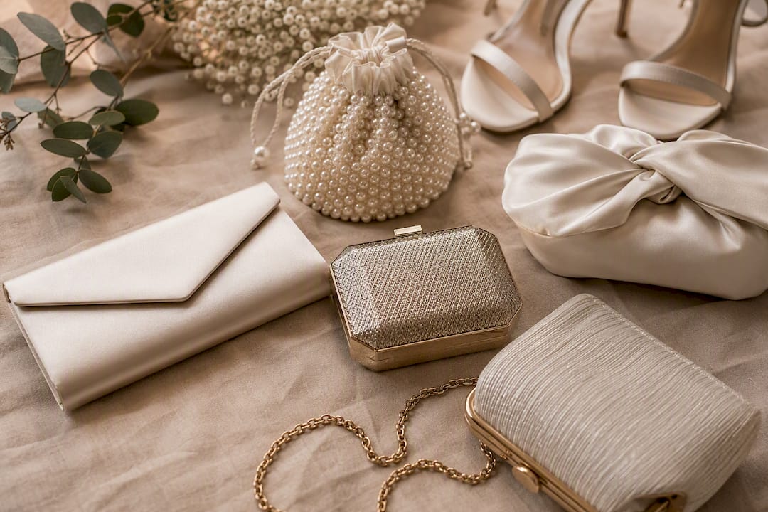 Variety of wedding clutch bags on warm fabric