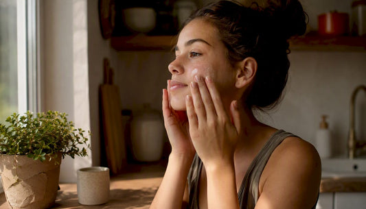 Teen girl applying moisturizer in warm bathroom