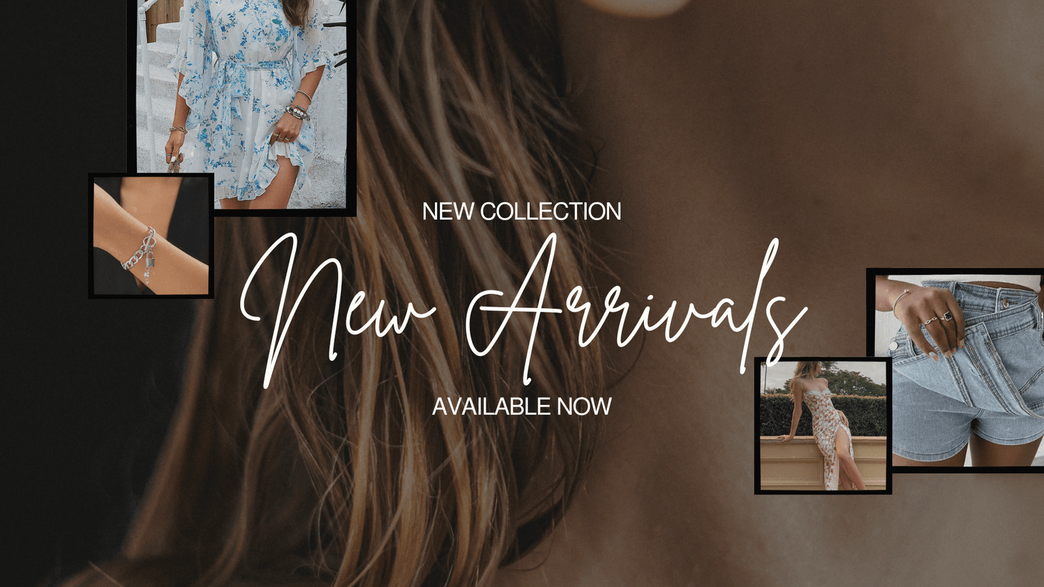 New arrivals banner featuring women's fashion dresses, jewelry, and denim shorts collection.