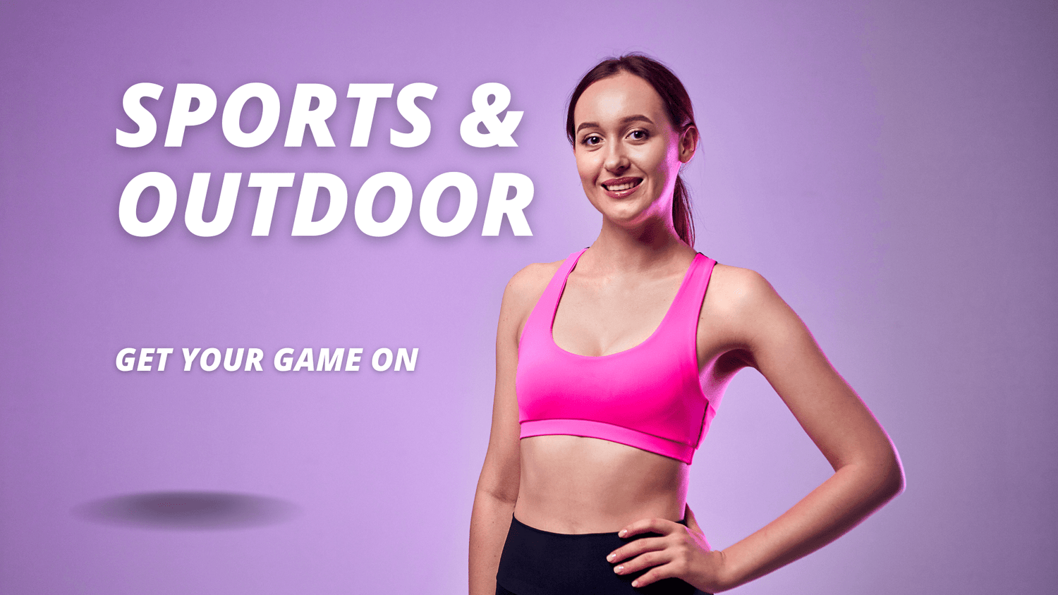 Woman in pink sports bra smiling, sports and outdoor fitness promotion, purple background