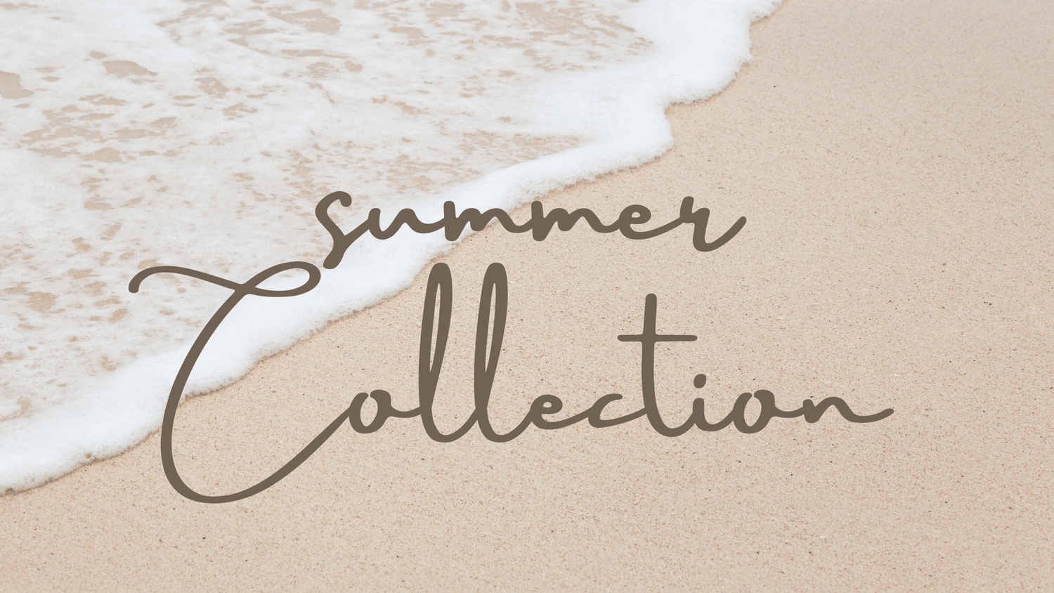 Summer Collection text on sandy beach with ocean wave, summer fashion promo image