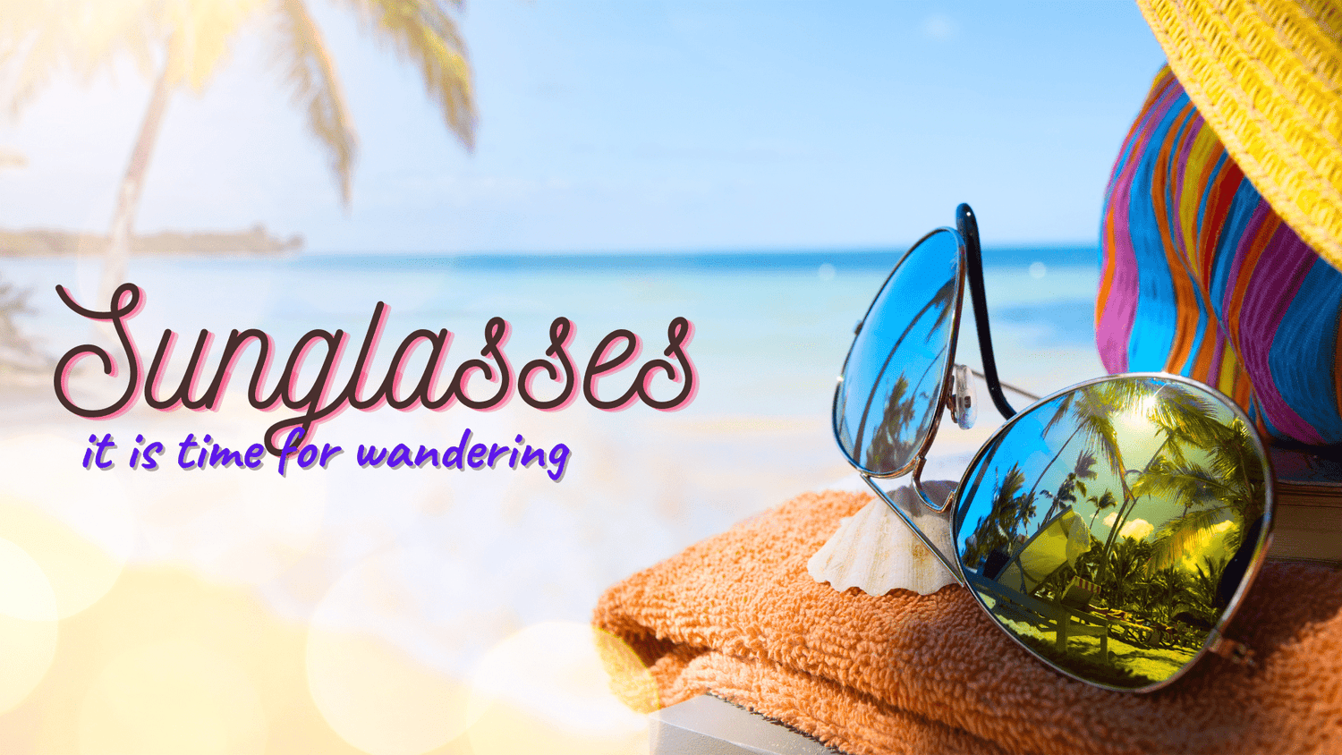 Sunglasses with beach reflection on towel, tropical background, colorful hat, summer vacation