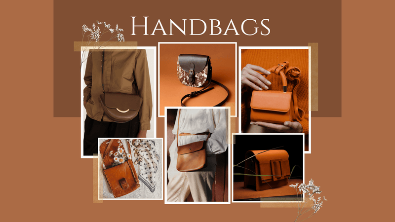 Collage of stylish women's handbags in brown and orange tones with fashion background.