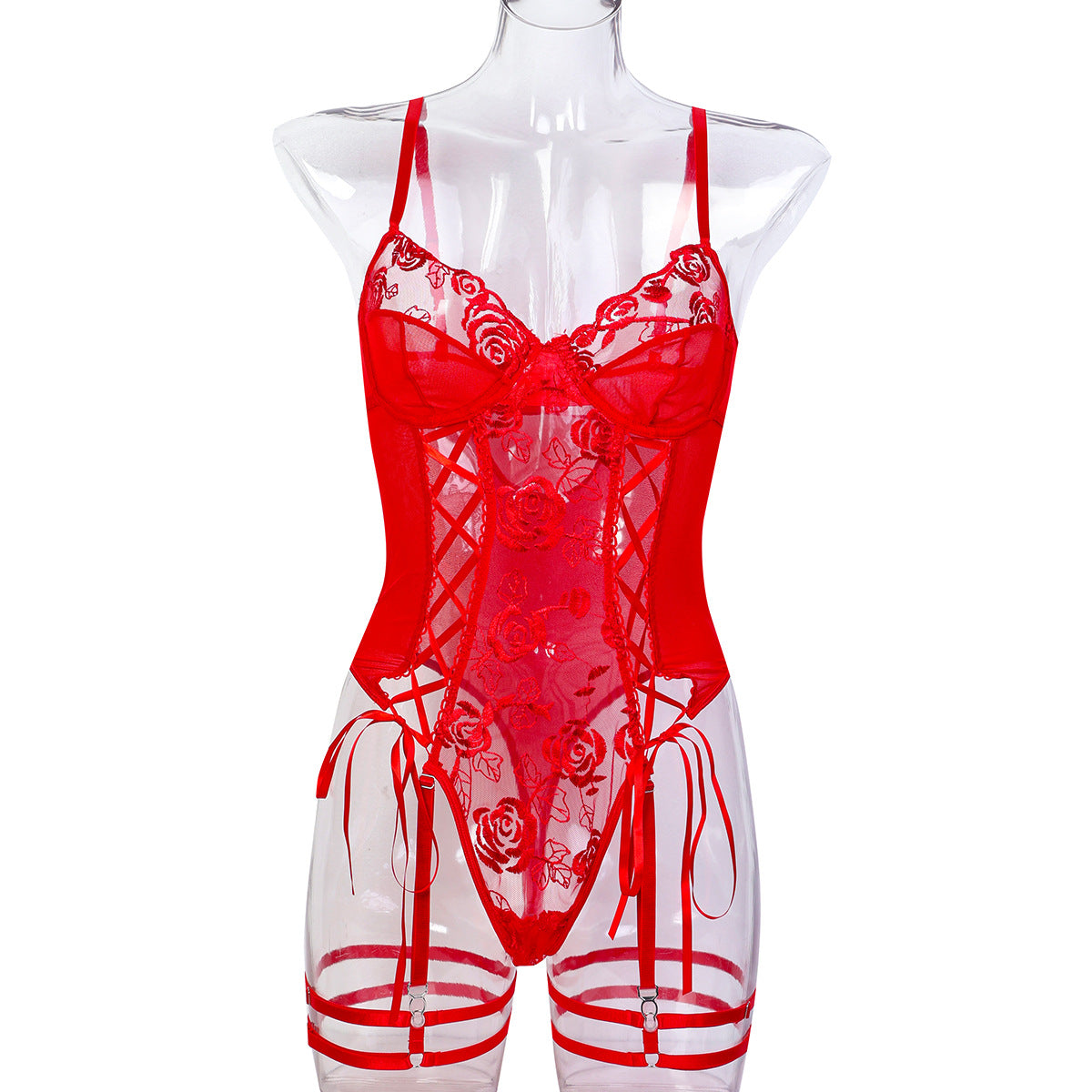 Valentine's Day Red Rose Flower Embroidery Tie-neck Cross Sexy Underwear - 16th Avenue