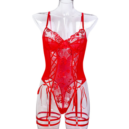 Valentine's Day Red Rose Flower Embroidery Tie-neck Cross Sexy Underwear - 16th Avenue