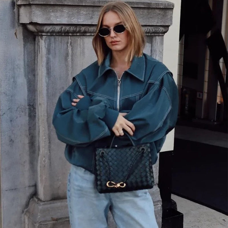 Loose Fashion Lapel Zip-up Long Sleeve Leather Jacket