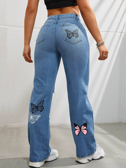 Women's High Waisted Butterfly Print Straight Leg Jeans - 16th Avenue