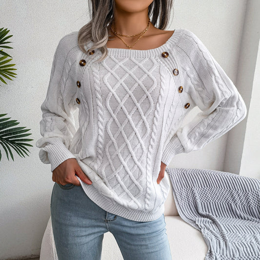 Ladies Square Neck Long Sleeve Knitted Sweater With Button Design