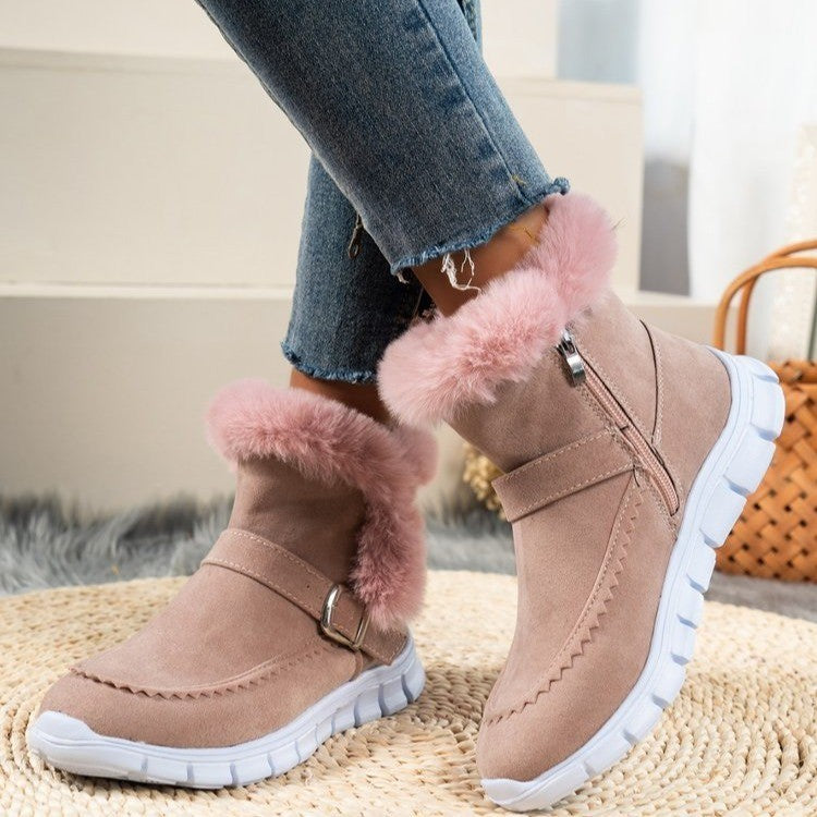 New Snow Boots Plush Ankle With Buckle Design Plus Velvet Flat Shoes