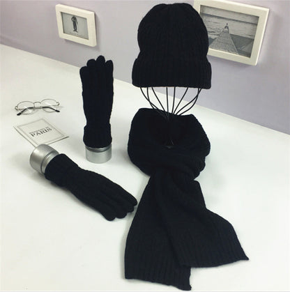 Ladies Fashion Solid Color Twist Warm Hat Scarf Glove Set