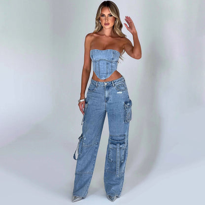 Women's Low Waist Three-dimensional Tube Top And Pocket Stitching Jeans Pants - 16th Avenue
