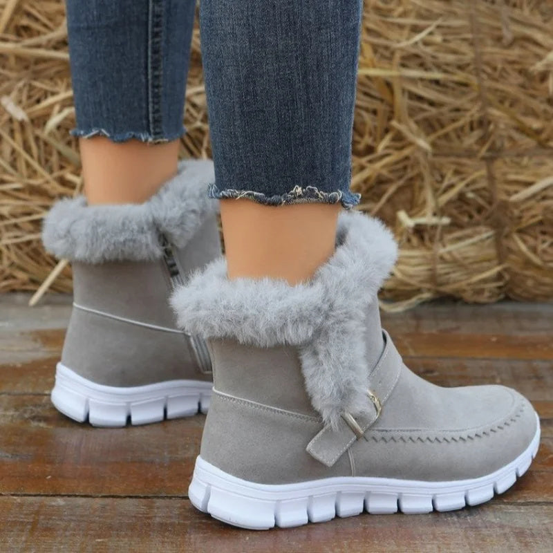 New Snow Boots Plush Ankle With Buckle Design Plus Velvet Flat Shoes