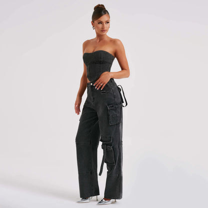Women's Low Waist Three-dimensional Tube Top And Pocket Stitching Jeans Pants - 16th Avenue