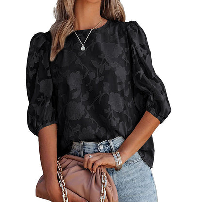 Puff Sleeve Chiffon Loose Top Flower Texture Shirt - 16th Avenue