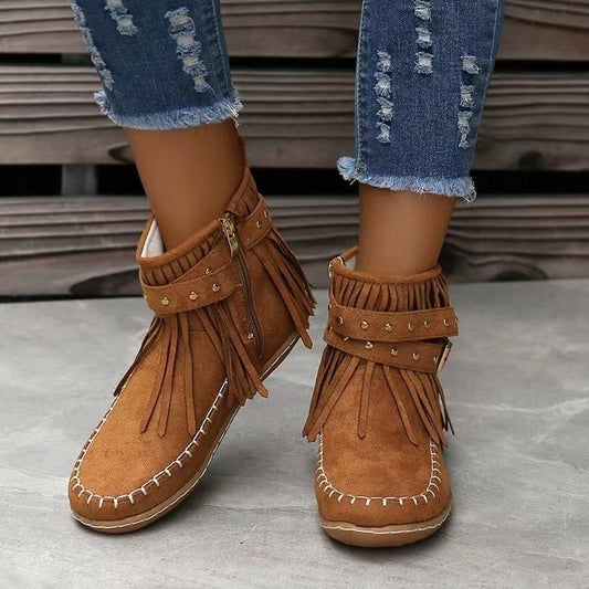 Women's Retro Ankle Rivet Tassel Flat Shoes