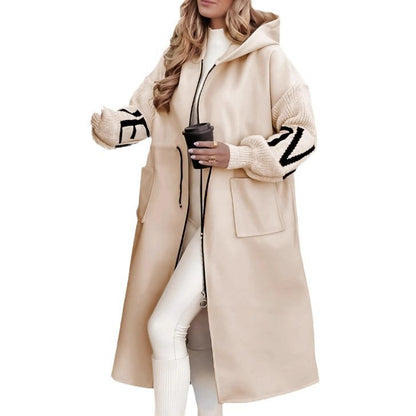 Women's Hooded Long Jacket Knit-Sleeved Trench Coat