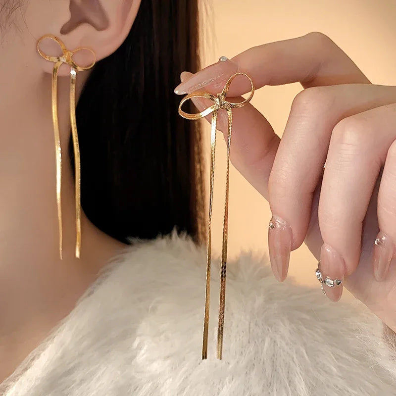 18k Gold Plated Stainless Steel Herringbone Bow Earrings