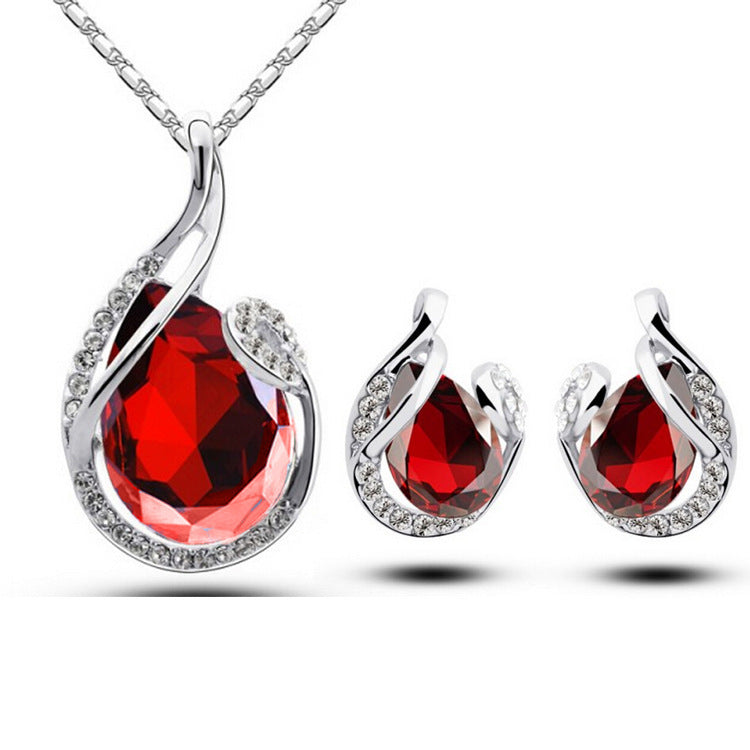 3pcs Rhinestone Necklace Set With Earrings Fashion Water-drop-shaped Jewelry For Women