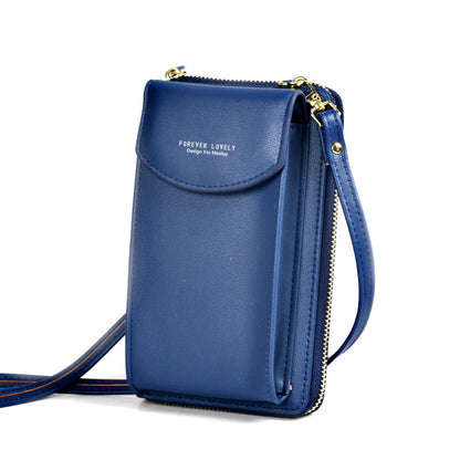 Blue crossbody phone wallet purse with gold zipper and strap, 'Forever Lovely' text on flap
