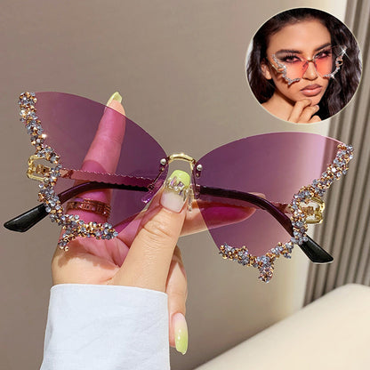 Luxury Diamond Butterfly Sunglasses Y2K Vintage Rimless Oversized Sun Glasses - 16th Avenue