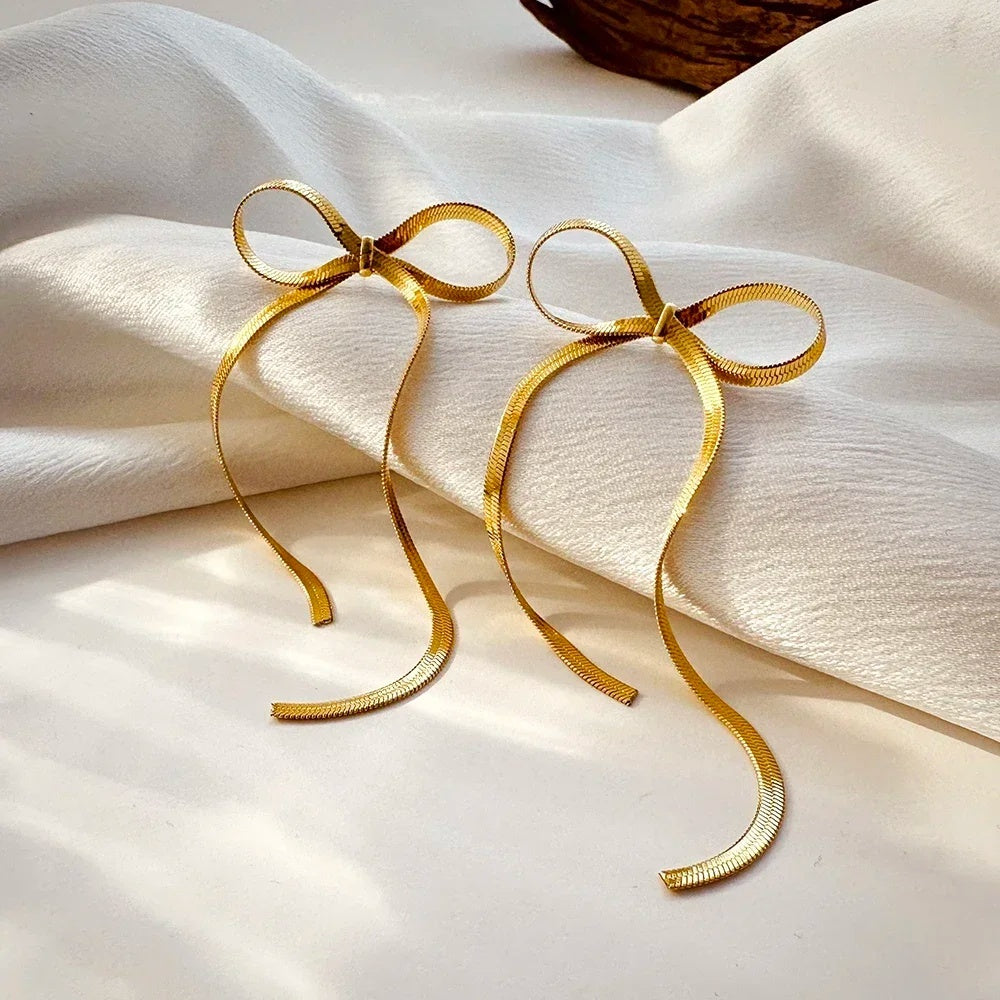 18k Gold Plated Stainless Steel Herringbone Bow Earrings
