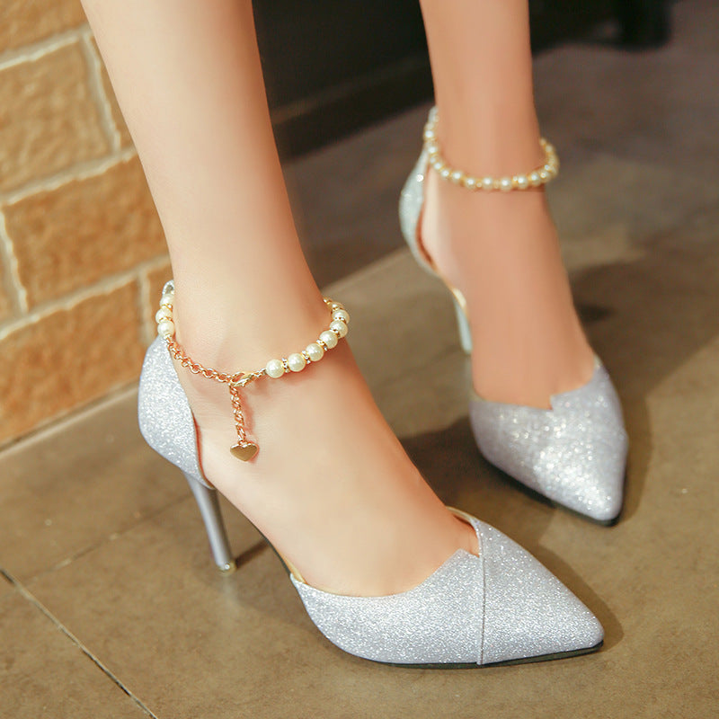 Women Pumps Pearl Bead High Heels Sequined Party Shoes
