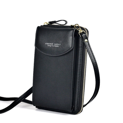 Black leather crossbody phone wallet purse with gold zippers and FOREVER LOVELY text