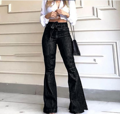 High-Rise Micro-Elastic Lace-Up Flared Wide-Leg Jeans - 16th Avenue