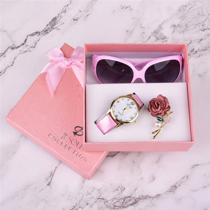 Women's Leather Quartz Wristwatch Sunglasses Corsage 3 Pcs Gift Box - 16th Avenue