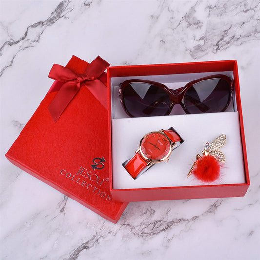 Women's Leather Quartz Wristwatch Sunglasses Corsage 3 Pcs Gift Box