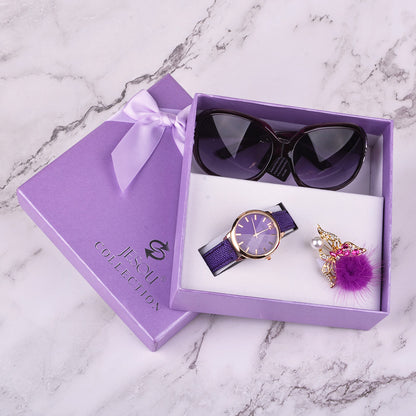 Women's Leather Quartz Wristwatch Sunglasses Corsage 3 Pcs Gift Box - 16th Avenue