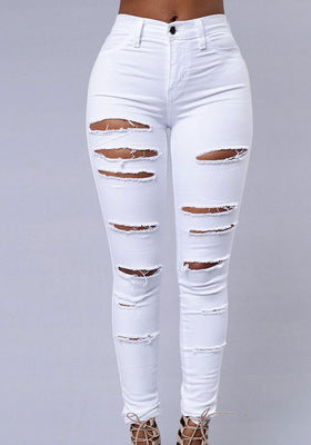 Women's Casual High Waist Skinny Ripped Jeans