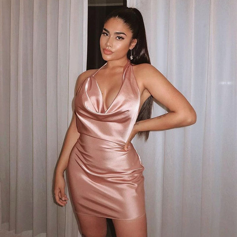 Faux Satin V-Neck Backless Mini Sleeveless Party Dress - 16th Avenue