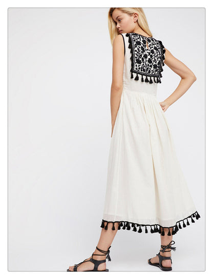 Bohemian Embroidered Floral Fringe Sleeveless Vest Dress - 16th Avenue