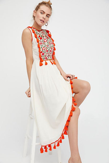 Bohemian Embroidered Floral Fringe Sleeveless Vest Dress - 16th Avenue