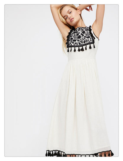 Bohemian Embroidered Floral Fringe Sleeveless Vest Dress - 16th Avenue