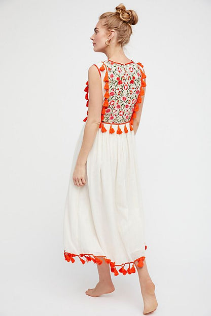 Bohemian Embroidered Floral Fringe Sleeveless Vest Dress - 16th Avenue