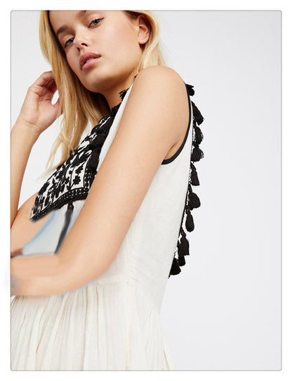 Bohemian Embroidered Floral Fringe Sleeveless Vest Dress - 16th Avenue