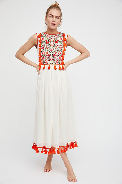 Bohemian Embroidered Floral Fringe Sleeveless Vest Dress - 16th Avenue