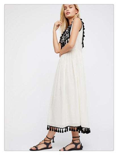 Bohemian Embroidered Floral Fringe Sleeveless Vest Dress - 16th Avenue