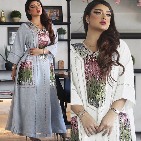 Dubai Beads And Sequins Embroidered Women's Muslim Lent Robe