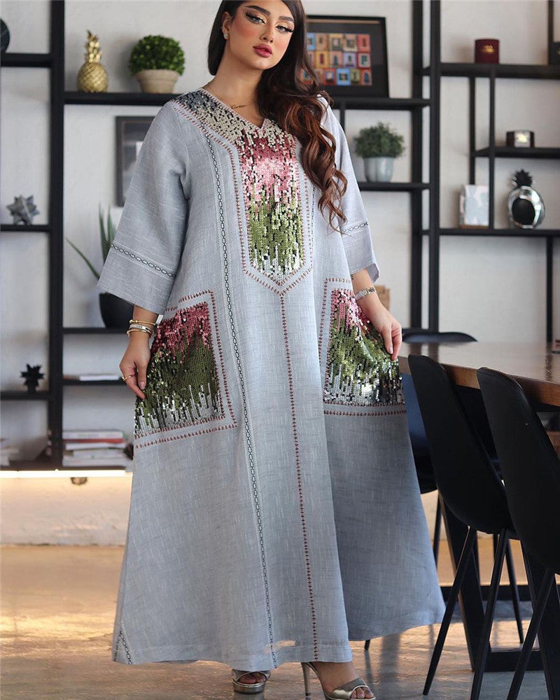 Dubai Beads And Sequins Embroidered Women's Muslim Lent Robe