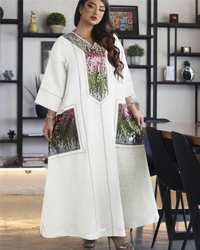Dubai Beads And Sequins Embroidered Women's Muslim Lent Robe