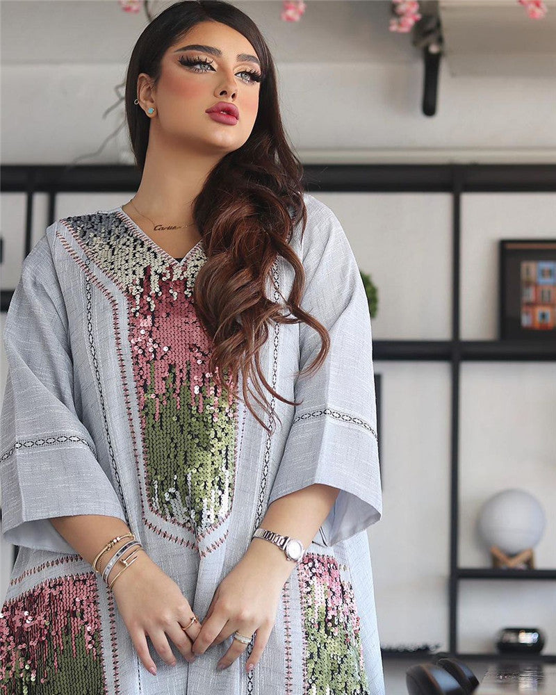 Dubai Beads And Sequins Embroidered Women's Muslim Lent Robe