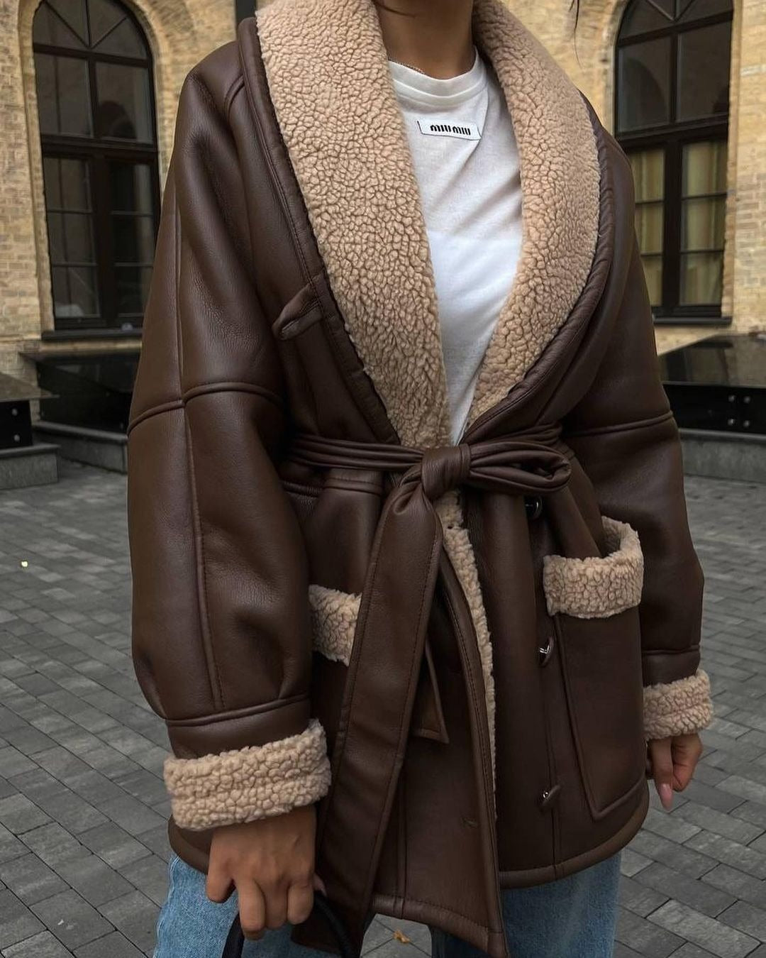 Women's Korean Style Leather And Fur Long Sleeve Coat