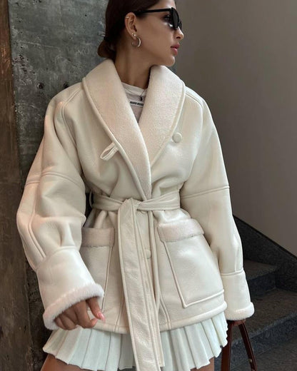Women's Korean Style Leather And Fur Long Sleeve Coat