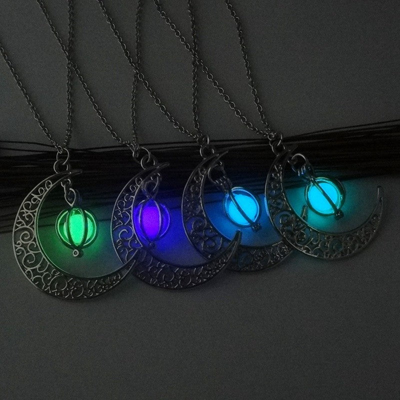 Women Fashion Moon Natural Glowing Stone Healing Necklace Luminous Pendant Jewelry