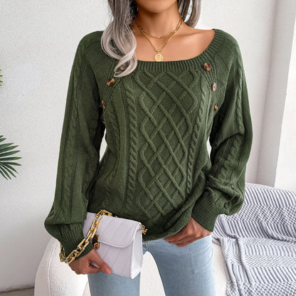 Ladies Square Neck Long Sleeve Knitted Sweater With Button Design