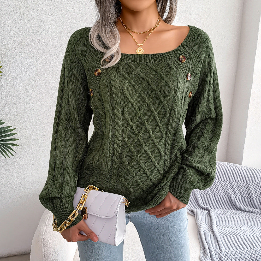Ladies Square Neck Long Sleeve Knitted Sweater With Button Design