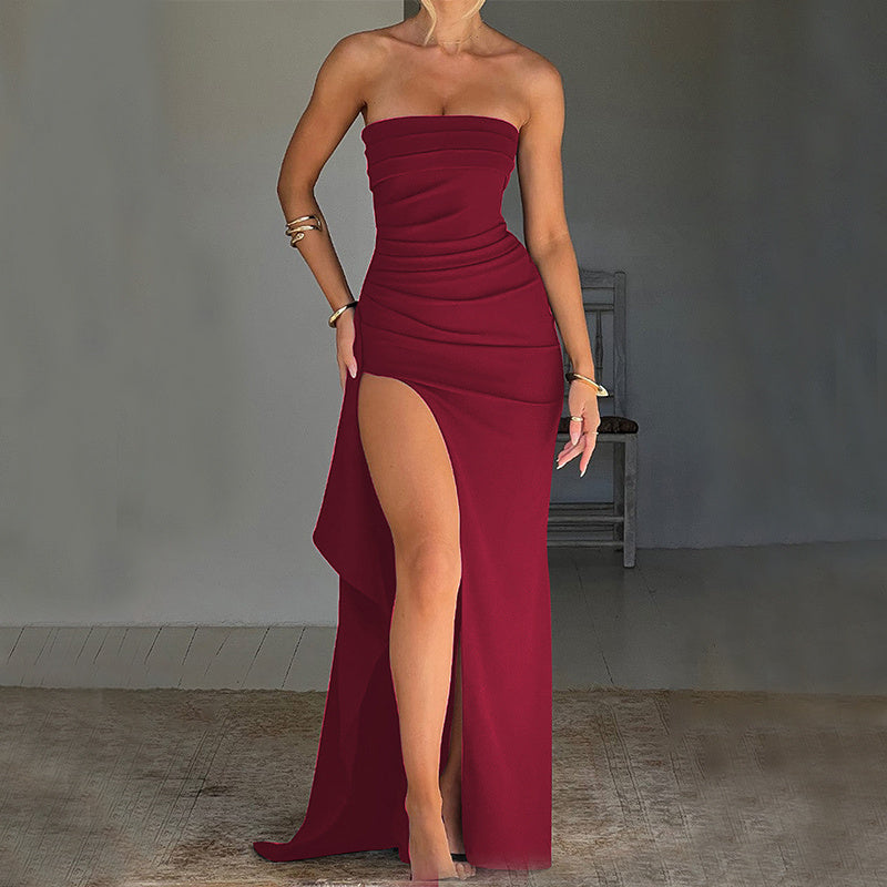 Strapless Split Long Summer Fashion Pleated Bridesmaid Party Wedding Dress